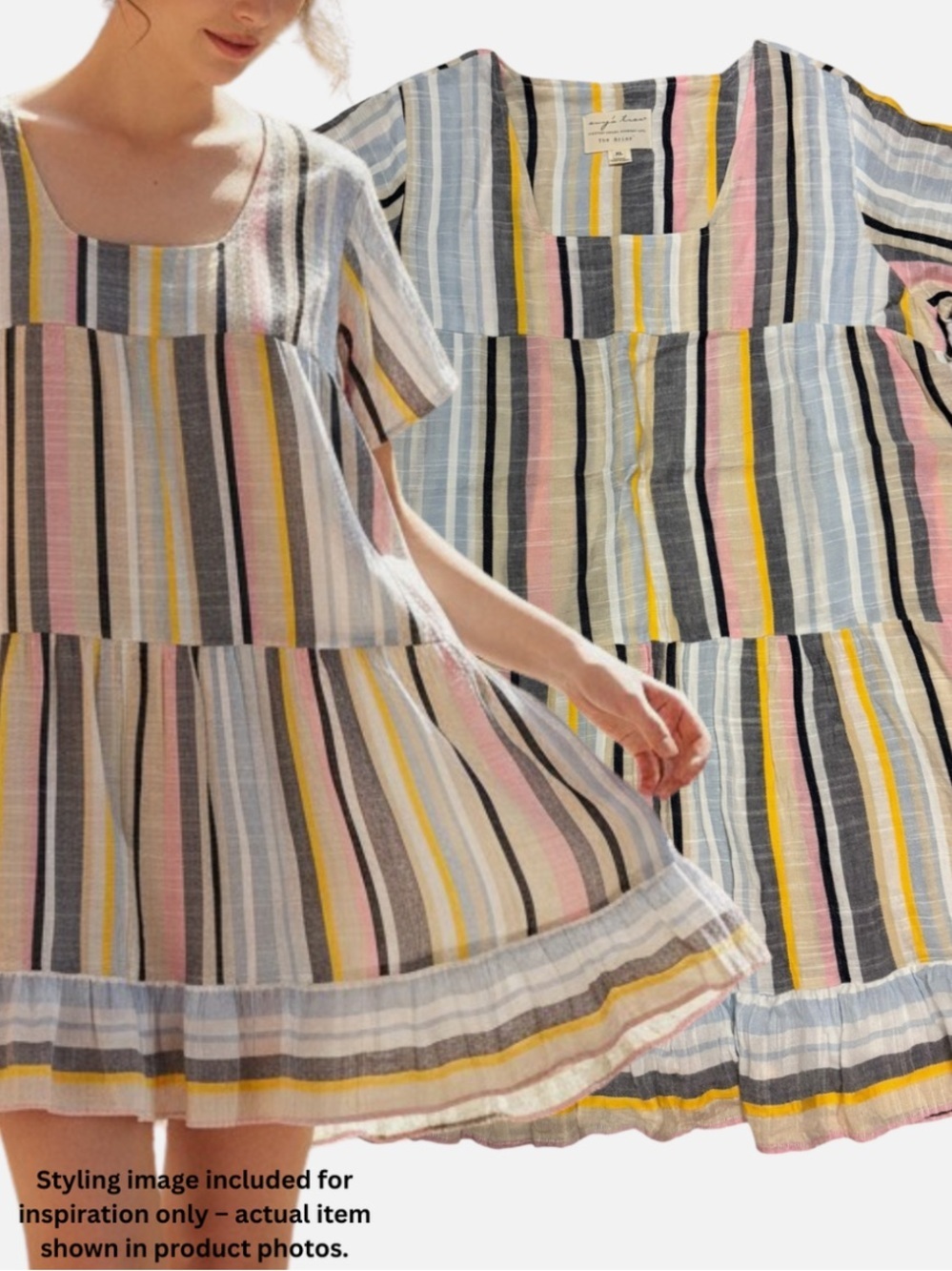 Evys Tree Multi-Striped Pastel Tiered Babydoll Dress XL Boho Beach Short Sleeve